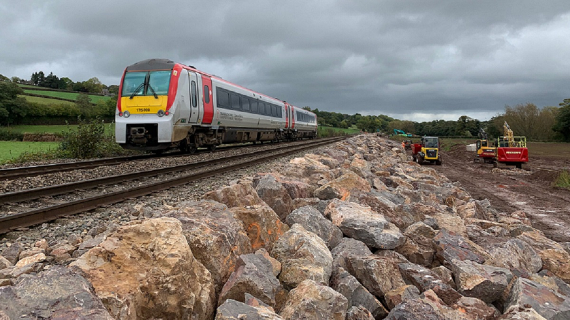 Rock and Rail: 8,000 tonnes of ‘rock armour’ installed to protect the future of flood-prone borders’ railway: Marches line TfW train 2