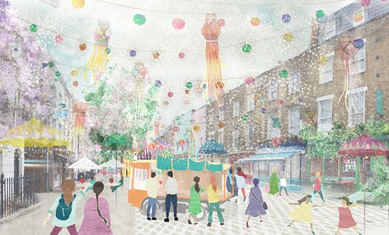 Drummond Street Community Design May 2020: Drummond Street, Camden, London. HS2 Community Environment Fund, HS2 Business and Local Economy Fund, CEF, BLEF.
Credit: Jan Kattein Architects