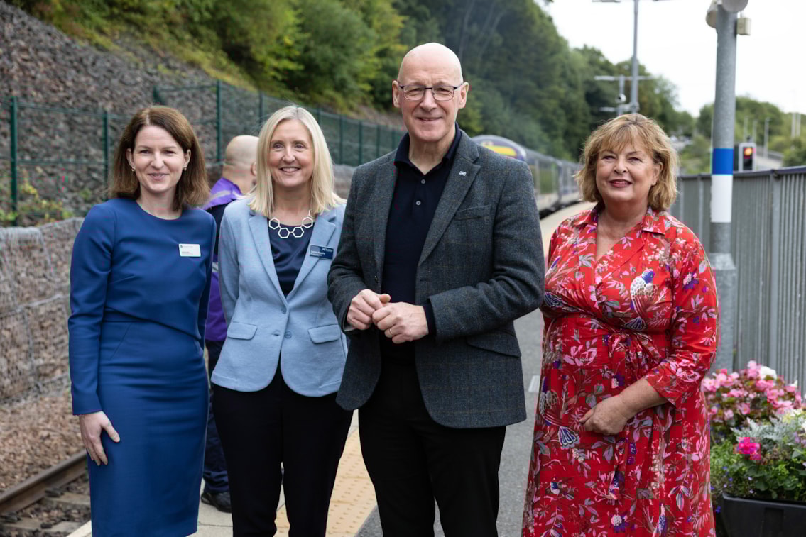 Catherine Hall Director of Strategy and Investment at Network Rail, Joanne Maguire Managing Director Scotrail, First Minister John Swinney, Cabinet Secretary for Transport Fiona Hyslop - Borders 10th anniversary