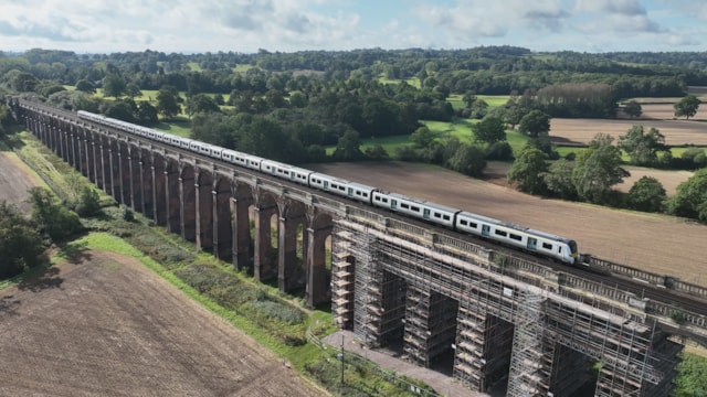 Brick by brick: Stone and brickwork repairs helping restore iconic Ouse Valley Viaduct: Aerial view of Ouse Valley Viaduct carrying a Thameslink service