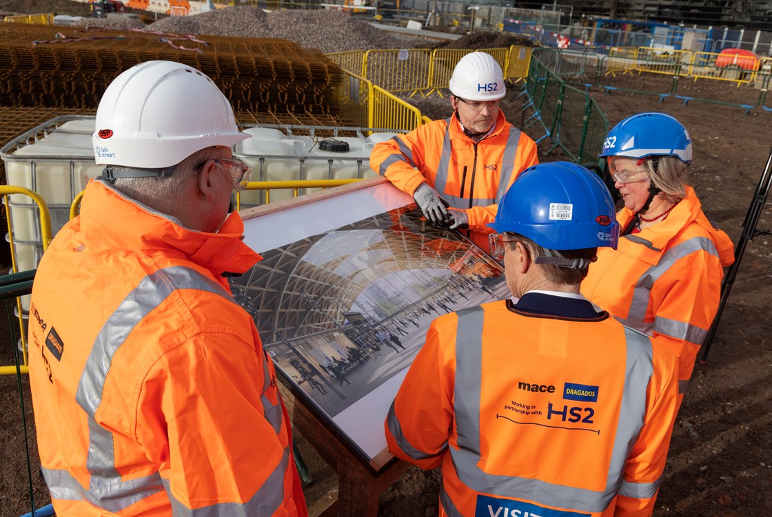 HS2's Curzon Street Station site: L-R Martyn Woodhouse (MDJV Project Director), Dave Lock (HS2 Project Client), Andy Street (West Midlands Mayor), Liz Clements (Transport Member, Birmingham City Council)