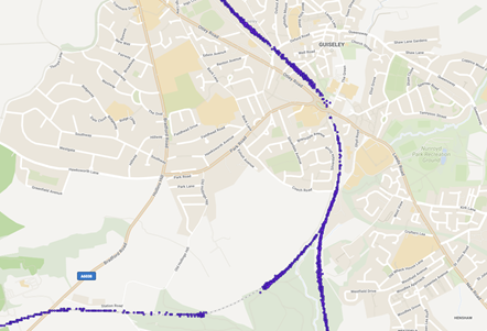 This image shows the GPS tracking of a trains route through Guiseley