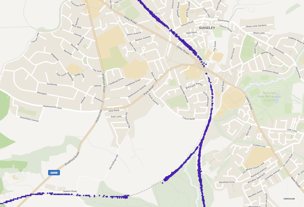 This image shows the GPS tracking of a trains route through Guiseley