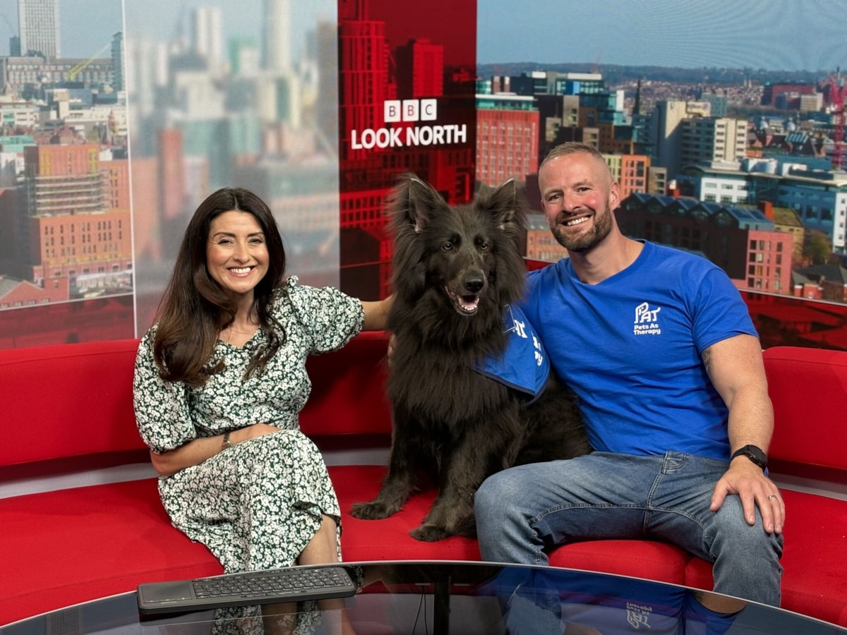Steve O'Callaghan TPE's Safeguarding and Crime Prevention Lead with Pets as Therapy dog Nya on Look North