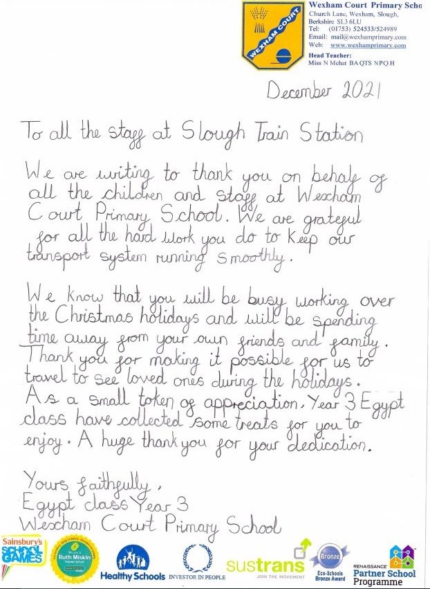 The letter from Egypt Class to colleagues at Slough Station
