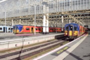 Class 455s at London Waterloo: Two Class 455 trains at London Waterloo in November 2025.