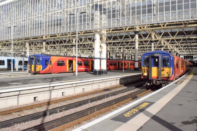 Class 455s at London Waterloo: Two Class 455 trains at London Waterloo in November 2025.