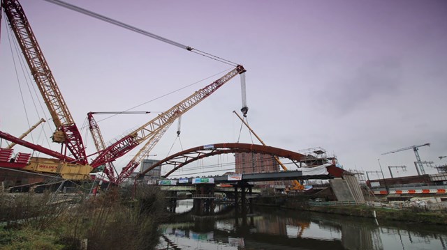 Years of hard work in less than 30 seconds – incredible time-lapse video illustrates remarkable feat at Ordsall Chord: Ordsall Chord arch time lapse still