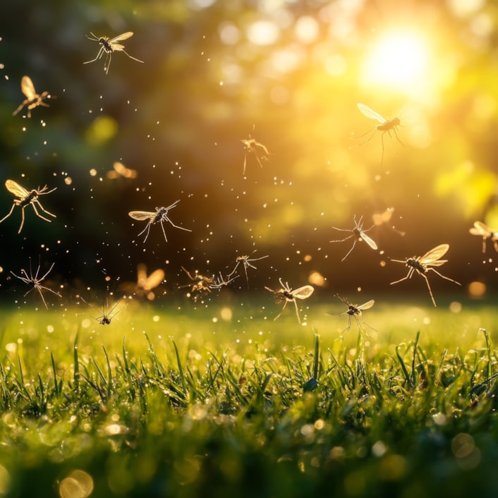 Heat in the City 1: Image shows a close up of grass on a sunny day, with mosquitoes flying above