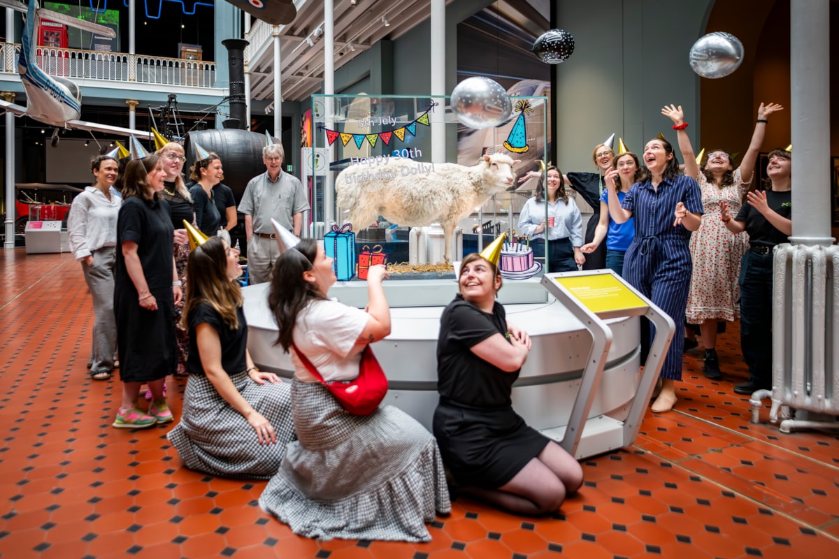 Staff at the National Museum of Scotland celebrate with Dolly the sheep ahead of her birthday on Sun 5 Jul. Image © Andy Catlin-3