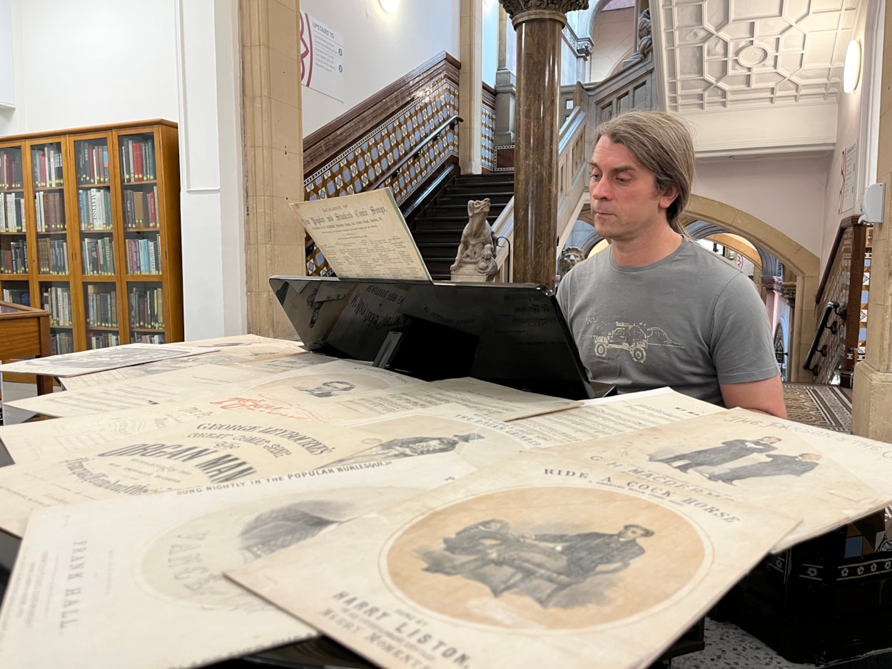 Victorian sheet music: Librarians are calling on the city’s modern-day musicians and singers to help them bring an incredible collection of vintage sheet music to life for the first time in more than a century.
The array of late 19th and early 20th century songs is part of a vast collection at Leeds Central Library, which includes a combination of well-known musical classics alongside forgotten songs penned by local composers.
Music librarian Lee Noon is shown here with a selection of the sheet music.