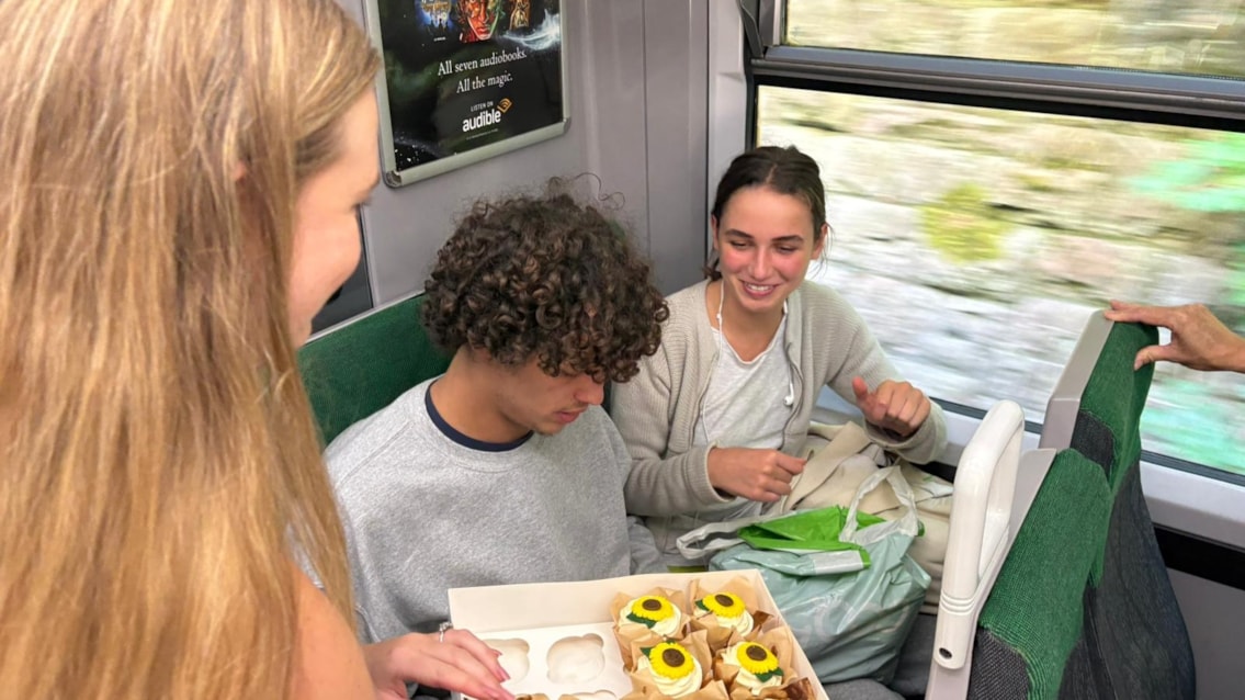 Passengers with sunflower cakes