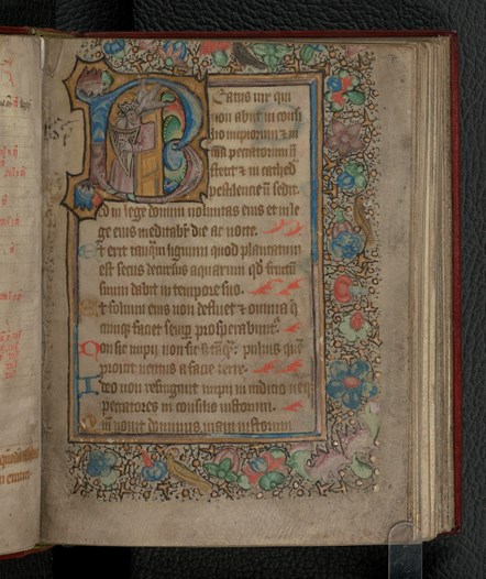 This 15th-century psalter was written and illuminated at Culross Abbey, Fife. Within the initial B that begins the first Psalm, there is an illustration of King David playing the harp. The particularly vibrant colour combinations seem a common feature in Scottish illumination at this time.