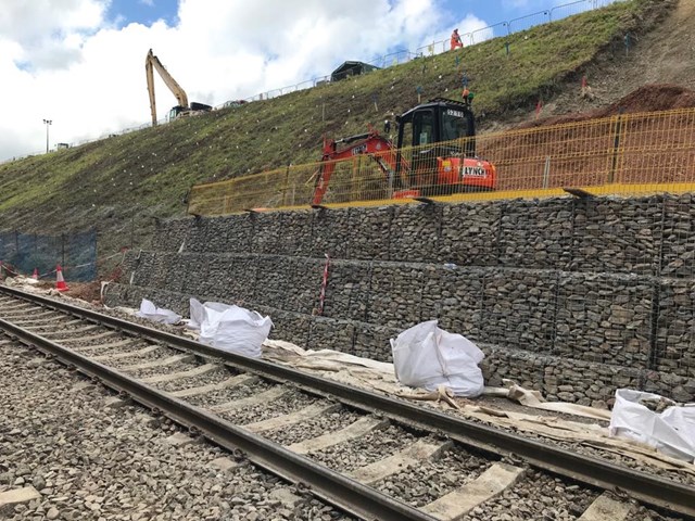 Templecombe gabion wall: Gabion wall, supporting the cutting slope near Templecombe