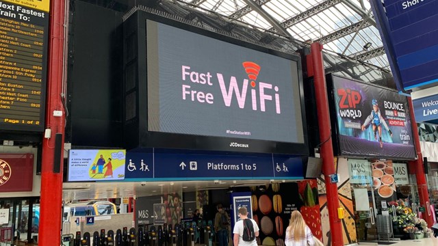 Free and fast WiFi for Liverpool Lime Street passengers: Liverpool Lime Street concourse wifi signage