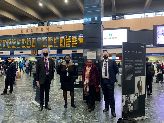 Network Rail colleagues with Maria Xavier at the Asquith Xavier exhibition launch at Euston station