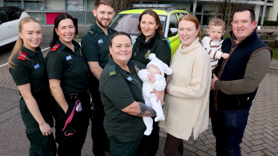l-r Caitlin Macbeth, Lynsey Bancroft, Tom Little, Naomi Poulton, Danielle Richards, Theodore Richards, Leigh Richards and (front) Toni Hackett holding baby Sebastian