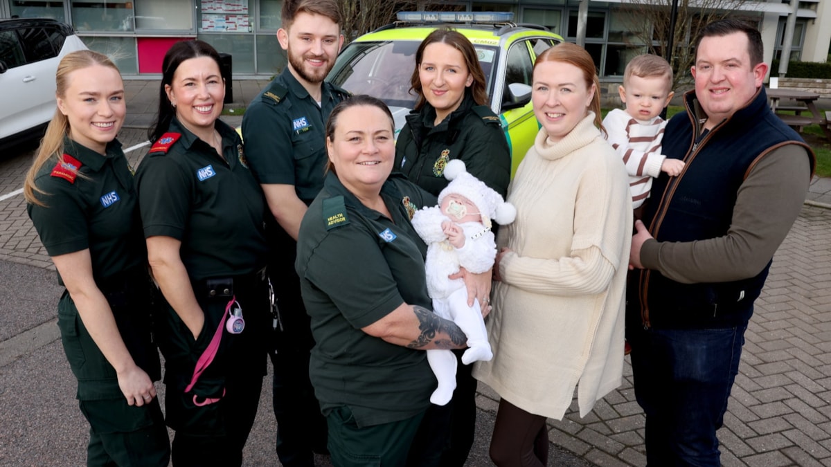 l-r Caitlin Macbeth, Lynsey Bancroft, Tom Little, Naomi Poulton, Danielle Richards, Theodore Richards, Leigh Richards and (front) Toni Hackett holding baby Sebastian cropped