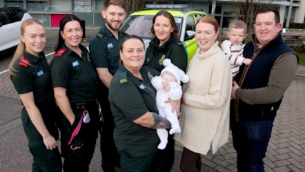 l-r Caitlin Macbeth, Lynsey Bancroft, Tom Little, Naomi Poulton, Danielle Richards, Theodore Richards, Leigh Richards and (front) Toni Hackett holding baby Sebastian