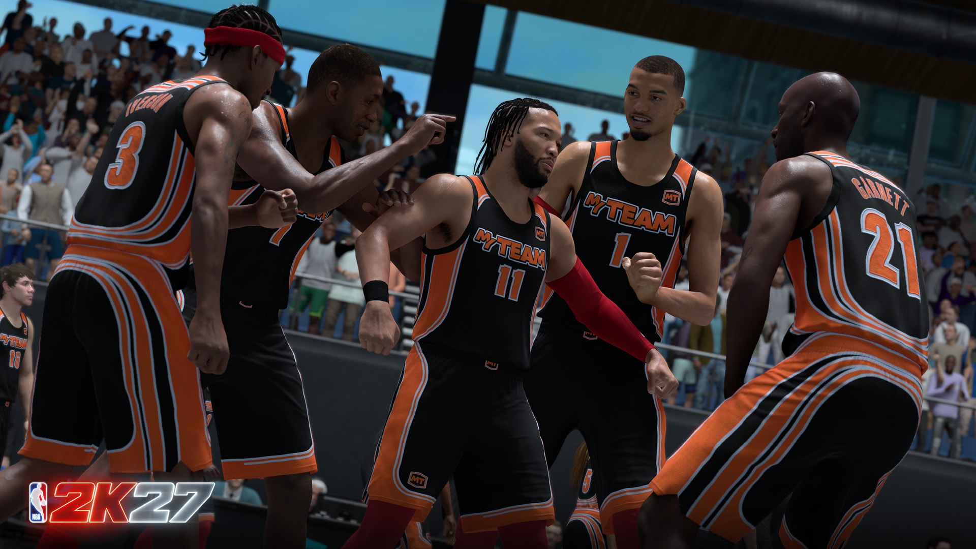 NBA 2K27 MyTEAM players in MyTEAM jerseys celebrating on court
