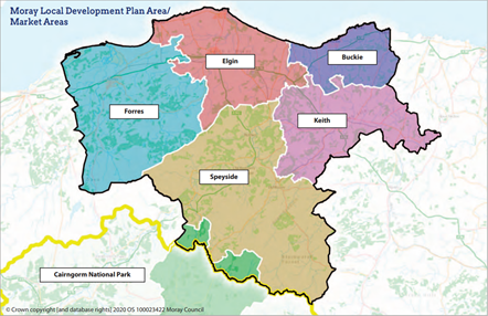 A colour coded map of Moray including the Cairngorms National Park.