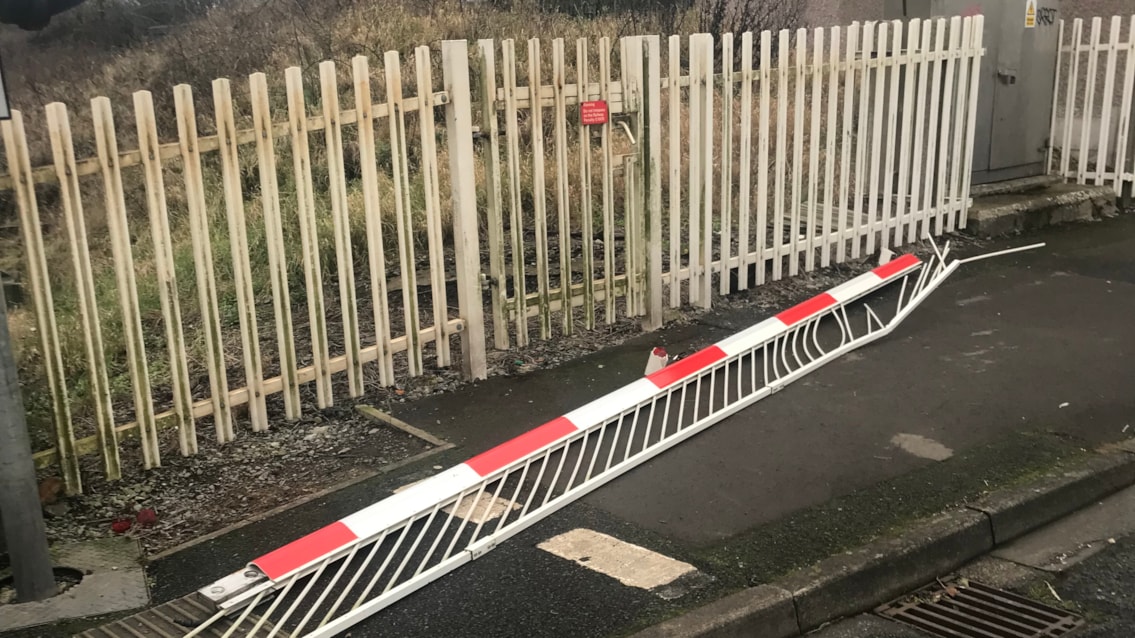 The damaged level crossing barrier in Maryport