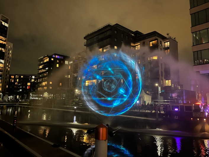 Light Night 2024: At Leeds Dock, Norwegian artist Anastasia Isachsen’s stunning Monad, was projected onto the water, taking inspiration from nature and the universe and accompanied by a compelling soundscape.