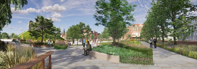 River Walk: Illustrative view of the river walk with views towards Clifford’s Tower and the Coppergate Centre (source: BDP Design and Access Statement)