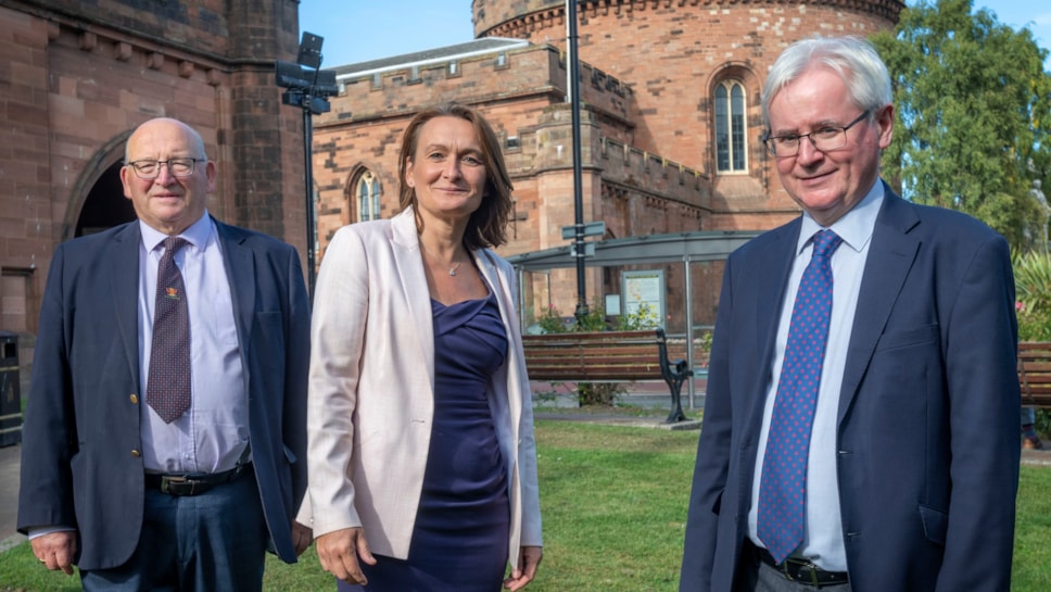 L-R: Carlisle City Council leader John Mallinson, University of Cumbria Vice Chancellor Professor Julie Mennell, Cumbria County Council Stewart Young, pictured outside the Citadels, Carlisle September 2021.
Photo: Becker Photo, Carlisle