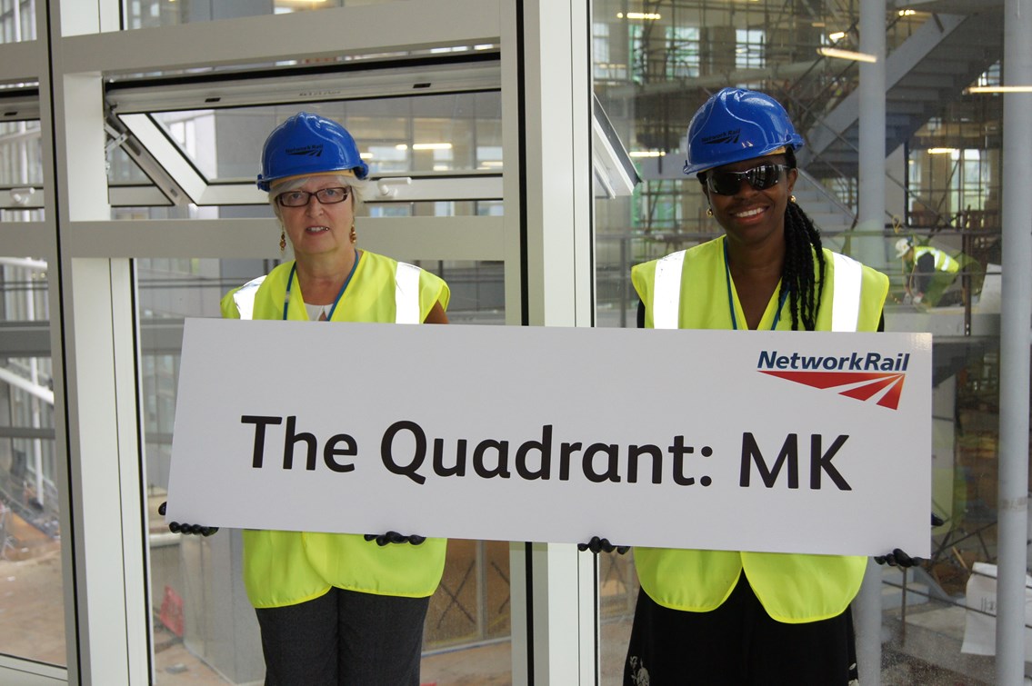 Winners: Diane Ritche (left) and Jacqui Wimbush (right) both suggested 'The Quadrant' as the name for Network Rail's new national centre in Milton Keynes. The two competition winners marked the official naming with a behind-the-scenes tour of the building, which open in the summer of 2012.