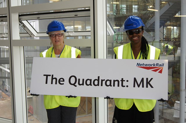Winners: Diane Ritche (left) and Jacqui Wimbush (right) both suggested 'The Quadrant' as the name for Network Rail's new national centre in Milton Keynes. The two competition winners marked the official naming with a behind-the-scenes tour of the building, which open in the summer of 2012.