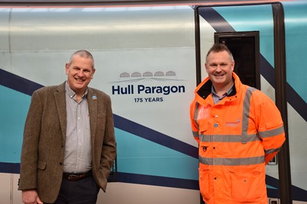 (L-R) Former Station Manager, Pete Myres and current Station Manger for TPE, Ben Courtney, celebrate the newly named Hull Paragon 175