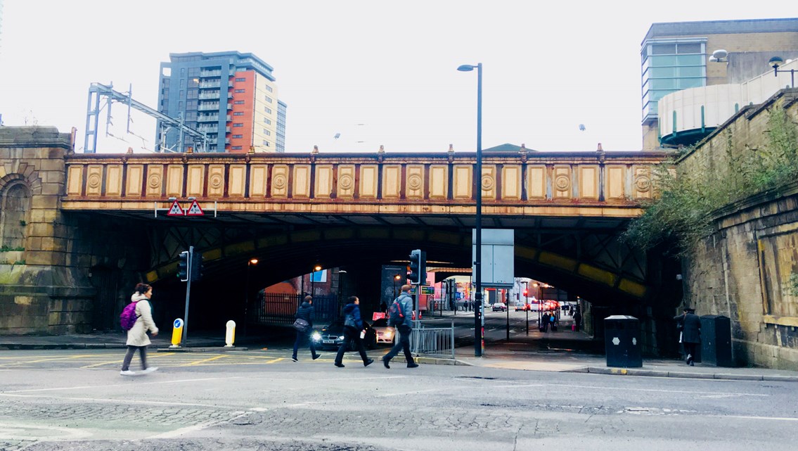 Reminder of road closures for restoration of Manchester city centre railway bridges: Bridges as seen from Victoria street before the project began