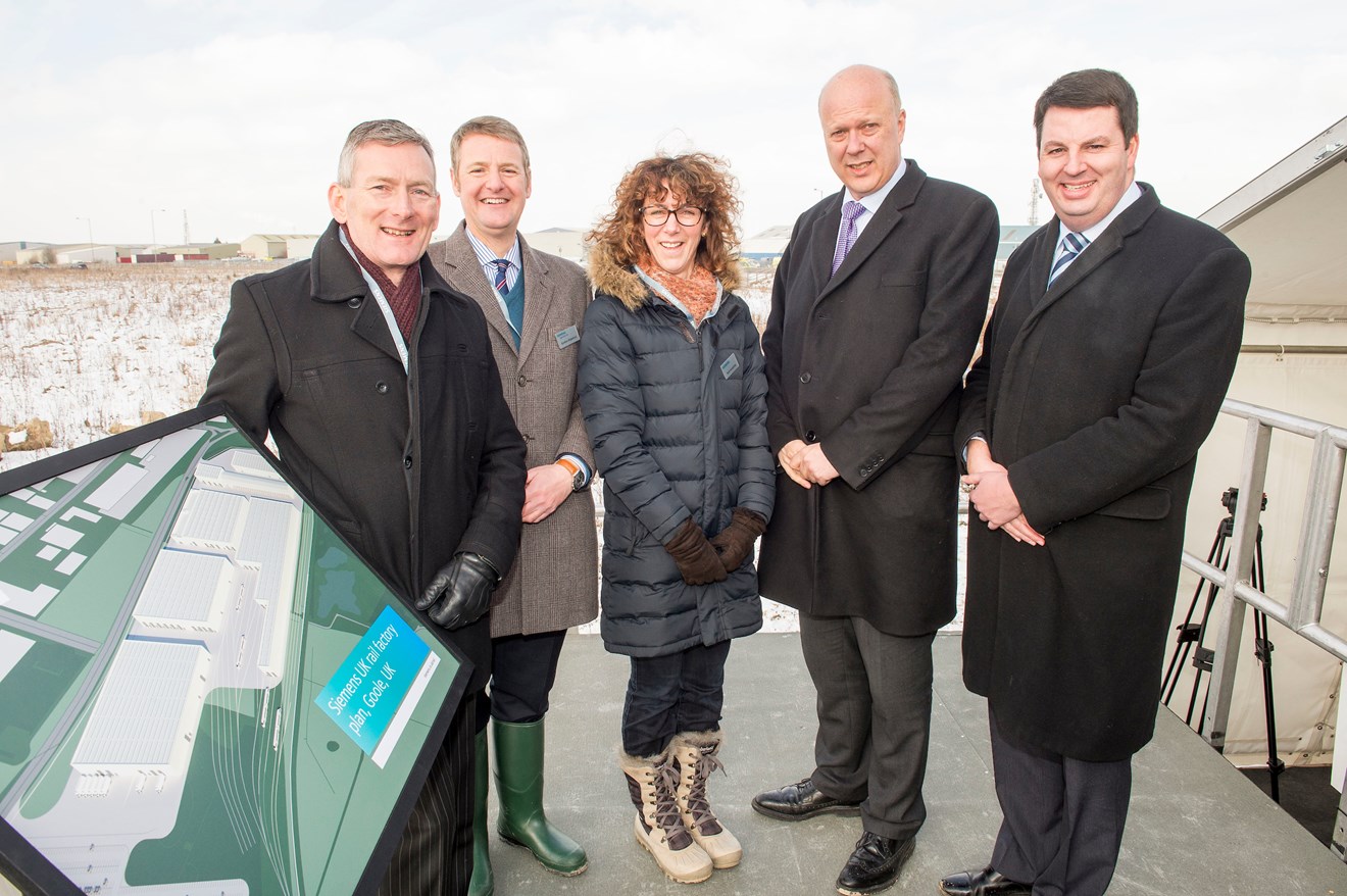 Siemens plans new rail factory in Goole 3: LR - Vernon Barker, Managing Director, Siemens’ UK Rolling Stock Business Unit, Gordon Wakeford, Siemens’ Managing Director, UK Mobility Division, Ruth Humphrey, Siemens’ Project Director, Transport Secretary Chris Grayling and Andrew Percy MP.