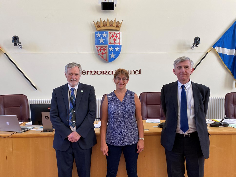 Cllrs John Cowe, Kathleen Robertson and Donald Gatt in Moray Council Chambers August 2022