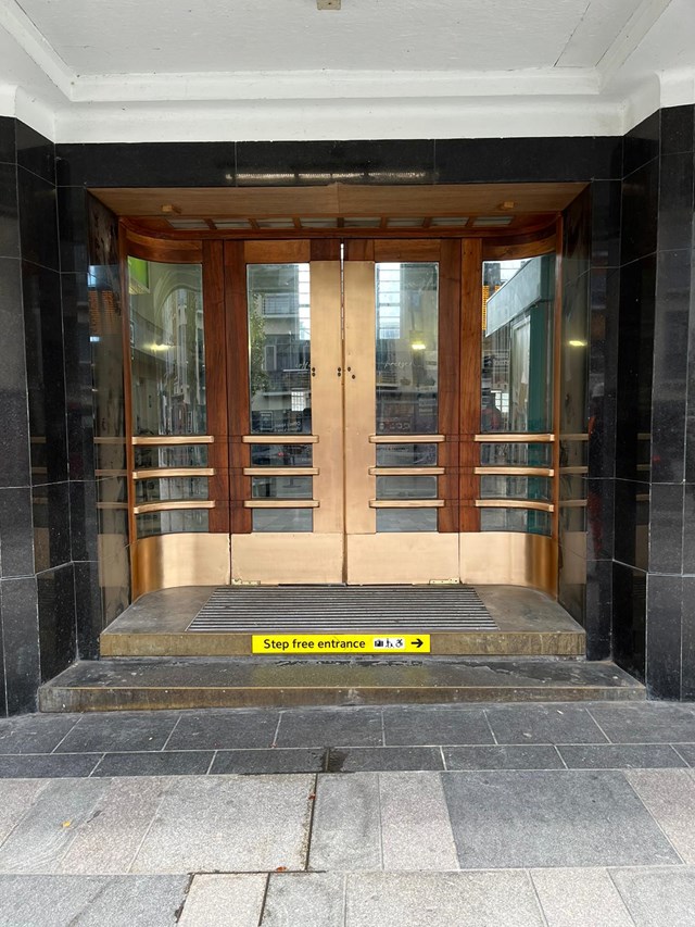 Richmond station entrance doors after bronzework polish