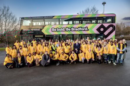 First Bus welcome Bradford 2025 volunteers aboard for celebration event. Credit Karol Wyszynski. 2