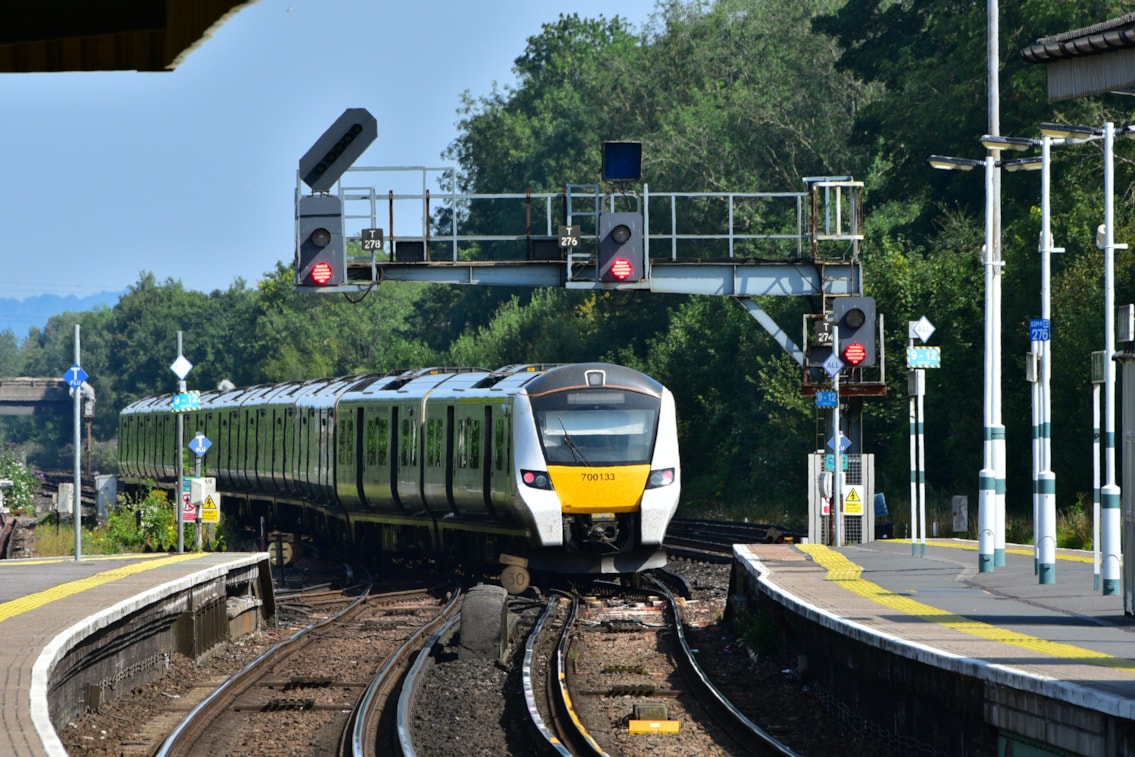 Thameslink train and track at Three Bridges station