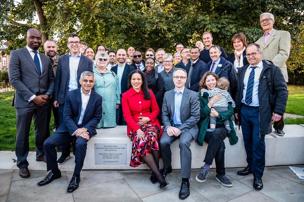 The Mayor of London, Sadiq Khan, joins Cllr Claudia Webbe, Islington Council's executive member for environment and transport, and Cllr Richard Watts, leader of Islington Council (L-R front row) to officially launch the transformation of Highbury Corner with local residents, campaigners, councillors and project team members