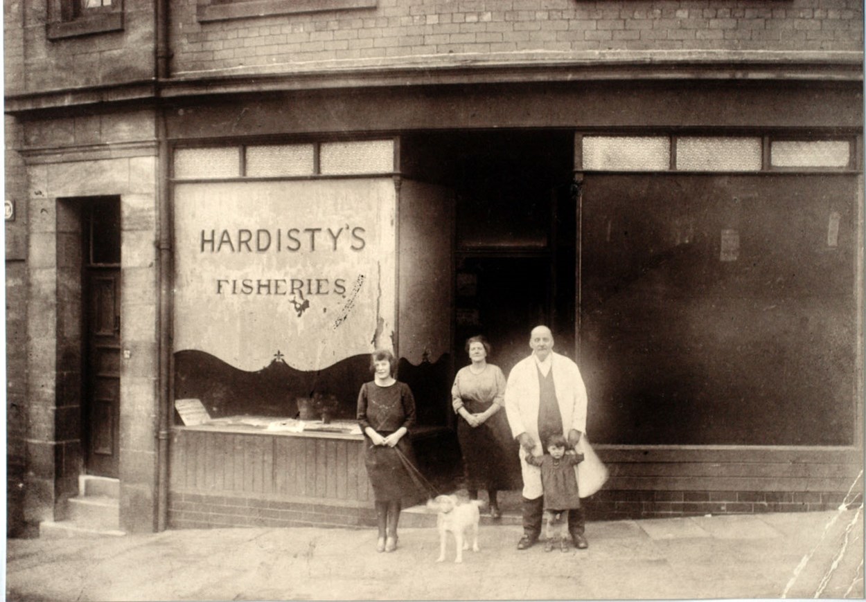 Kirkstall Lives: Hardisty's Fisheries became one of the city's first chippies when it opened in the early 1900s. This photo taken in , taken in the early 1920s, shows couple Ada and John Hardisty alongside their children Ivy and Cyril Hardisty, accompanied by their faithful dog.