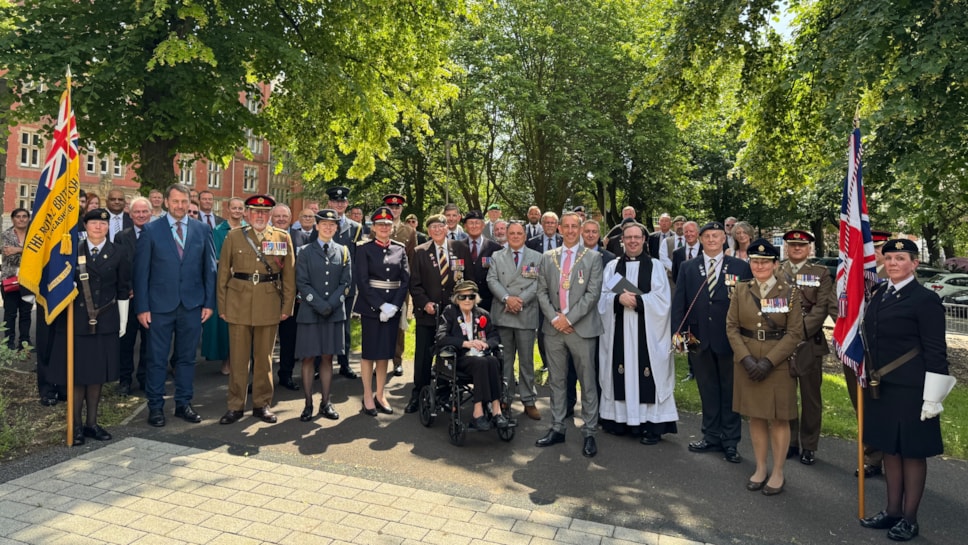  Dignitaries, veterans and current Armed Forces personnel gathered outside County Hall a flag raising ceremony to mark Armed Forces Day. Among those pictured are His Majesty's Lord-Lieutenant of Lancashire, Mrs Amanda Parker JP,  the newly elected Chairman of the County Council, CC Lee Hutchinson, Leader of the County Council CC Stephen Atkinson, the County Council's Armed Forces and Veterans Champion CC Gary Kniveton, Father David Craven, WWII veterans Richard Brock and Marjorie Hanson, the Lord Lieutenant Cadets, representatives from the Royal British Legion, Armed Forces Group, soldiers from Fulwood Barracks, senior council staff and county councillors. cropped