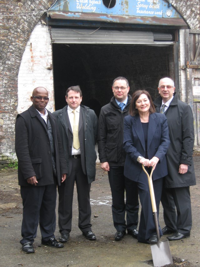 Deptford - Start of work 2: From left: Ken Falano (VolkerFitzpatrick); Jim Munro (VolkerFitzpatrick); Steve Diplock (Network Rail), Rt Hon Joan Ruddock MP; Cllr Alan Smith (Lewisham Council) celebrate the start of work to upgrade Deptford station