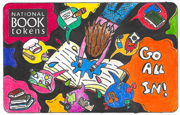 A close-up of a book token, featuring the words 'Go All In' and an image of a long-haired person literally diving into a book, as if it was a swimming pool.