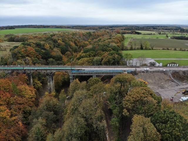 Wide shot of Plessey Viaduct as work nears completion, Network Rail (2): Wide shot of Plessey Viaduct as work nears completion, Network Rail (2)