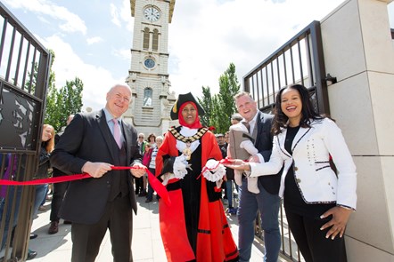 The grand opening of the Caledonian Clock Tower on June 8, 2019, with (L-R) Cllr Paul Smith; The Mayor of Islington, Cllr Rakhia Ismail; Cllr Diarmaid Ward and Cllr Claudia Webbe, executive member for environment and transport