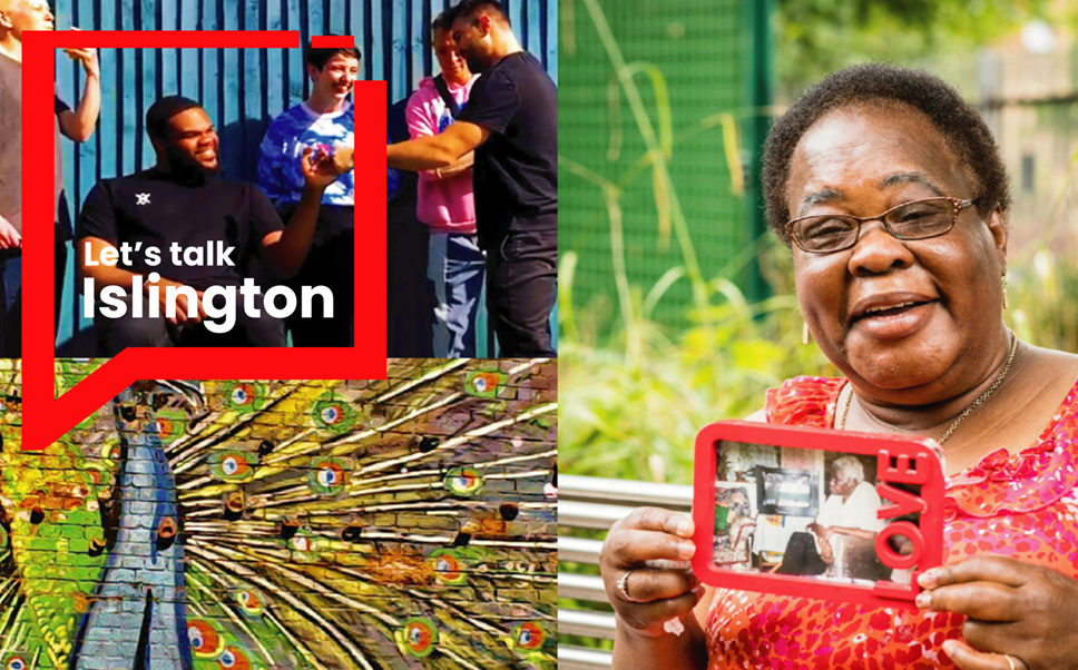 A campaign image for Let's Talk Islington. IT is a collage of three photos, one of a old person showing a picture, one of a wall with a colourful peacock painted on, and another of young people smiling.