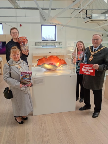 Mayor and Mayoress of Dudley with tourism officer Nicola Beckley and director of Stourbridge Glass Museum Alexander Goodger