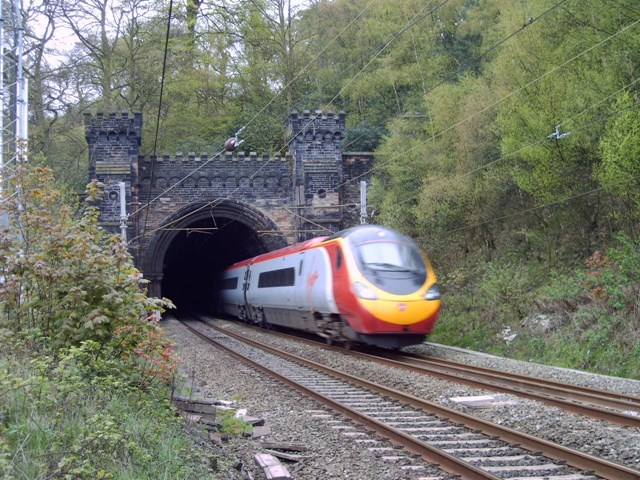 Shugborough Tunnel: Train emerging from the northern portal of Shugborough Tunnel on the west coast main line near Stafford.

(Photo courtesy of Ricky Forshaw)