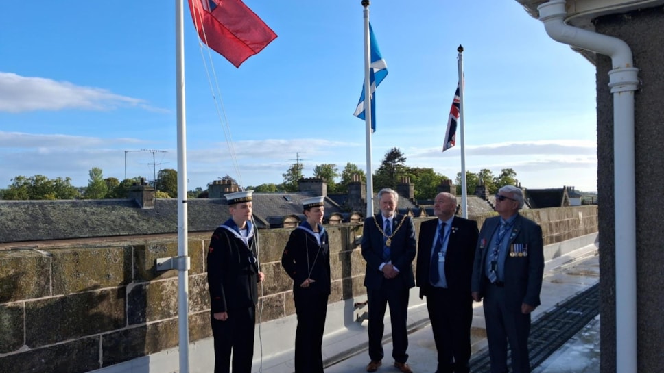 Left to right - William Slater; Kaiya Wilkes; Moray Council Civic Leader, Cllr John Cowe; Cllr John Divers; Cllr Peter Bloomfield.