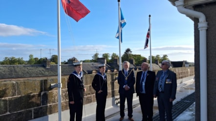 Left to right - William Slater; Kaiya Wilkes; Moray Council Civic Leader, Cllr John Cowe; Cllr John Divers; Cllr Peter Bloomfield.
